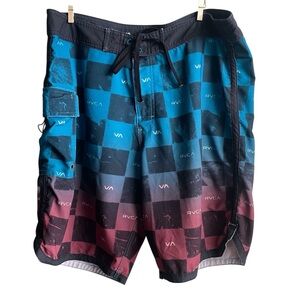 RVCA Blue and Red Board Shorts Gradient Design Checkered